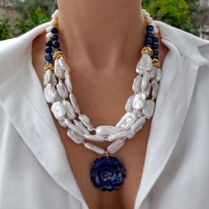 Lapis lazuli pearl necklace Statement necklace women gift Chunky gemstone necklace Handmade jewelry Large bead necklace Mom birthday gift