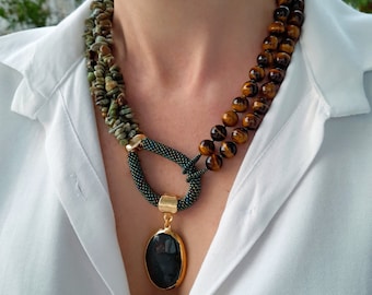 Raw crystal opal tiger eye necklace Chunky statement gemstone necklace beaded women gift Handmade jewelry Large multistrand necklace pendant