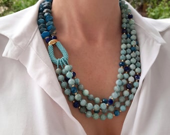 Amazonite apatite lapis lazuli raw crystal necklace Handmade jewelry Chunky statement unusual big bold necklace Large bib modern necklace