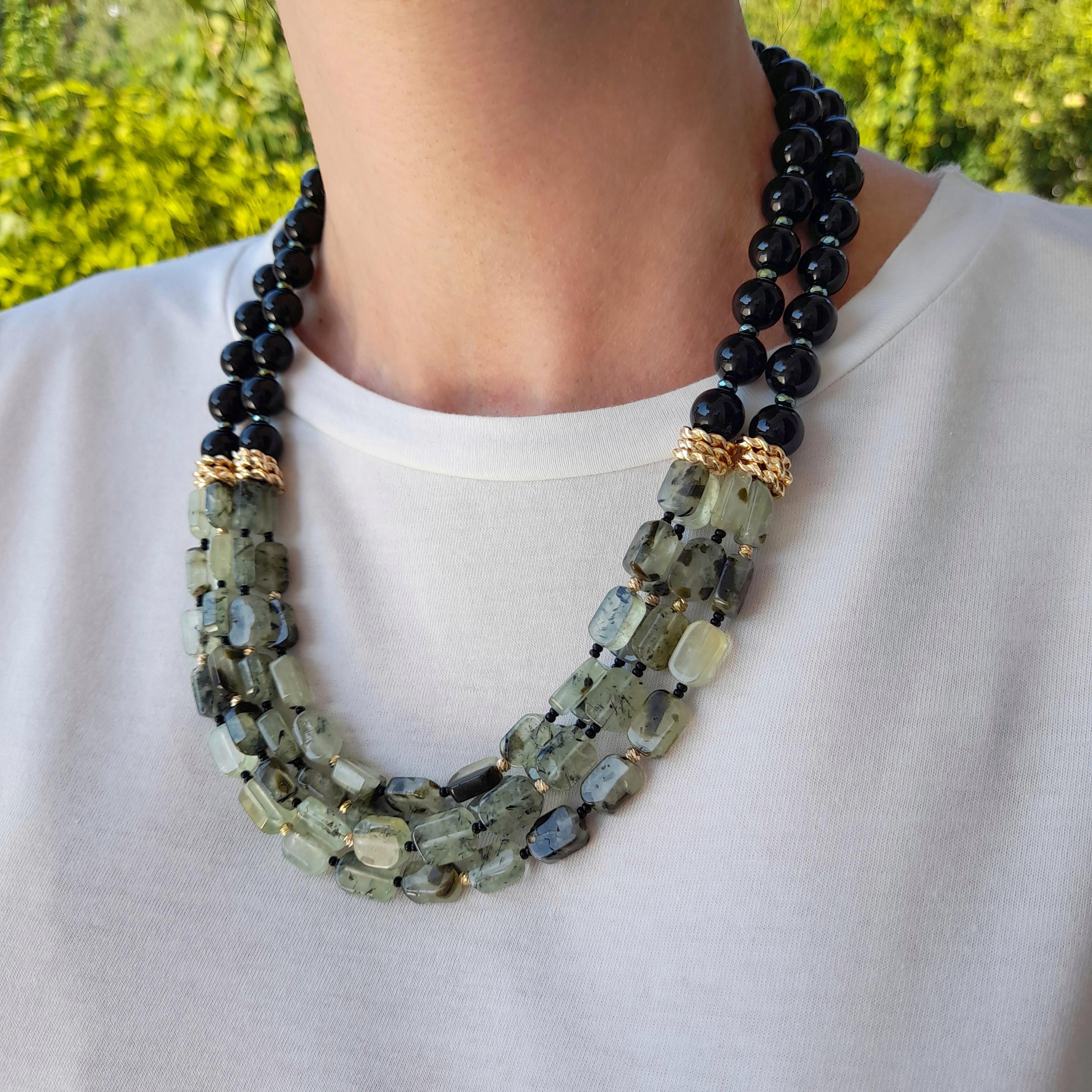 Prehnite onyx multistrand necklace Chunky statement gemstone necklace gift women Handmade jewelry Large bead necklace Mom wife birthday gift