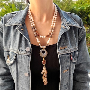 Baroque pearl fossil necklace long multi charm Handmade jewelry Chunky statement gemstone boho beach wedding necklace Birthday wife mom gift