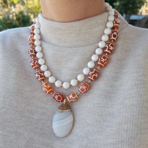 Chunky statement necklace Orange agate white mother of pearl gemstone bead necklace birthday christmas women wife gift Handmade jewelry