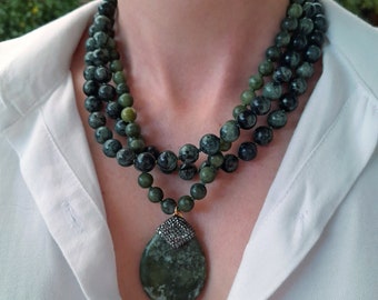 Jade kambaba jasper necklace women pendant. Chunky statement multistrand green gemstone necklace beaded. Handmade jewelry Mom birthday gift