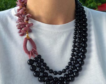 Pink tourmaline onyx chunky gemstone necklace women Handmade jewelry Statement unusual multistrand necklace Big bold layer wedding necklace