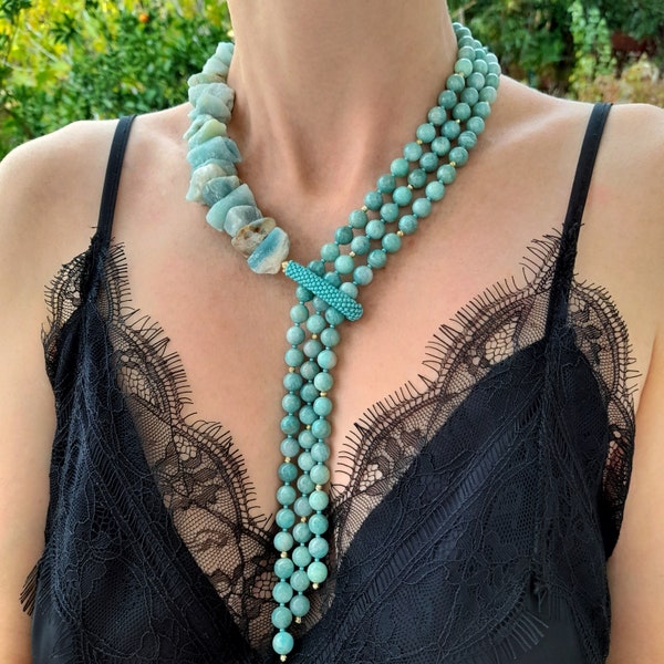 Raw amazonite crystal necklace. Chunky statement beaded necklace Unusual big bold necklace Large bib necklace Contemporary modern necklace