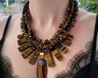 Raw tiger eye onyx beaded necklace women. Handmade Jewelry. Statement chunky multistrand bib gemstone necklace Big bold large stone necklace