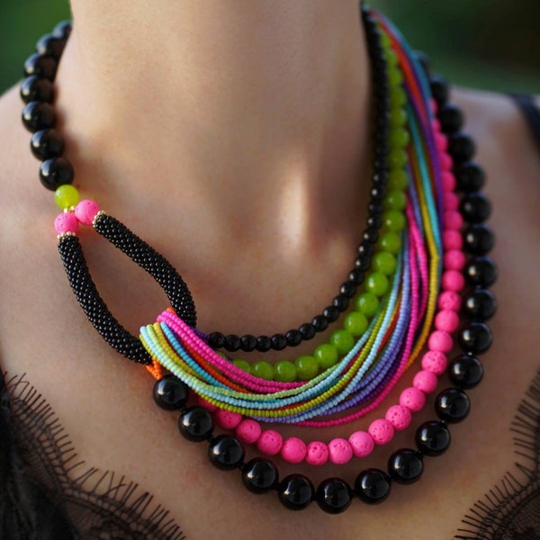 Colorful black gold statement chunky gemstone wedding necklace Large multistrand necklace birthday mom gift Big bold summer bead necklace