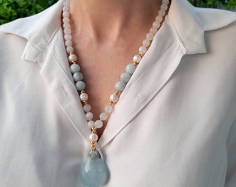Aquamarine moonstone pendant necklace Birdhstone handmade jewelry Chunky statement long beaded unusual necklace Big bead necklace women gift