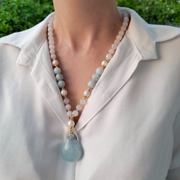 Aquamarine moonstone pendant necklace Birdhstone handmade jewelry Chunky statement long beaded unusual necklace Big bead necklace women gift