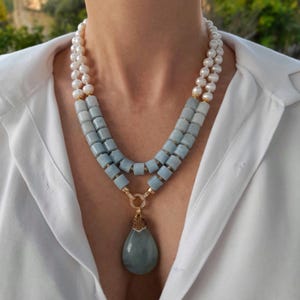 Aquamarine pearl necklace Birdhstone handmade jewelry Pendant necklace Chunky statement unusual necklace Big beaded necklace women gift