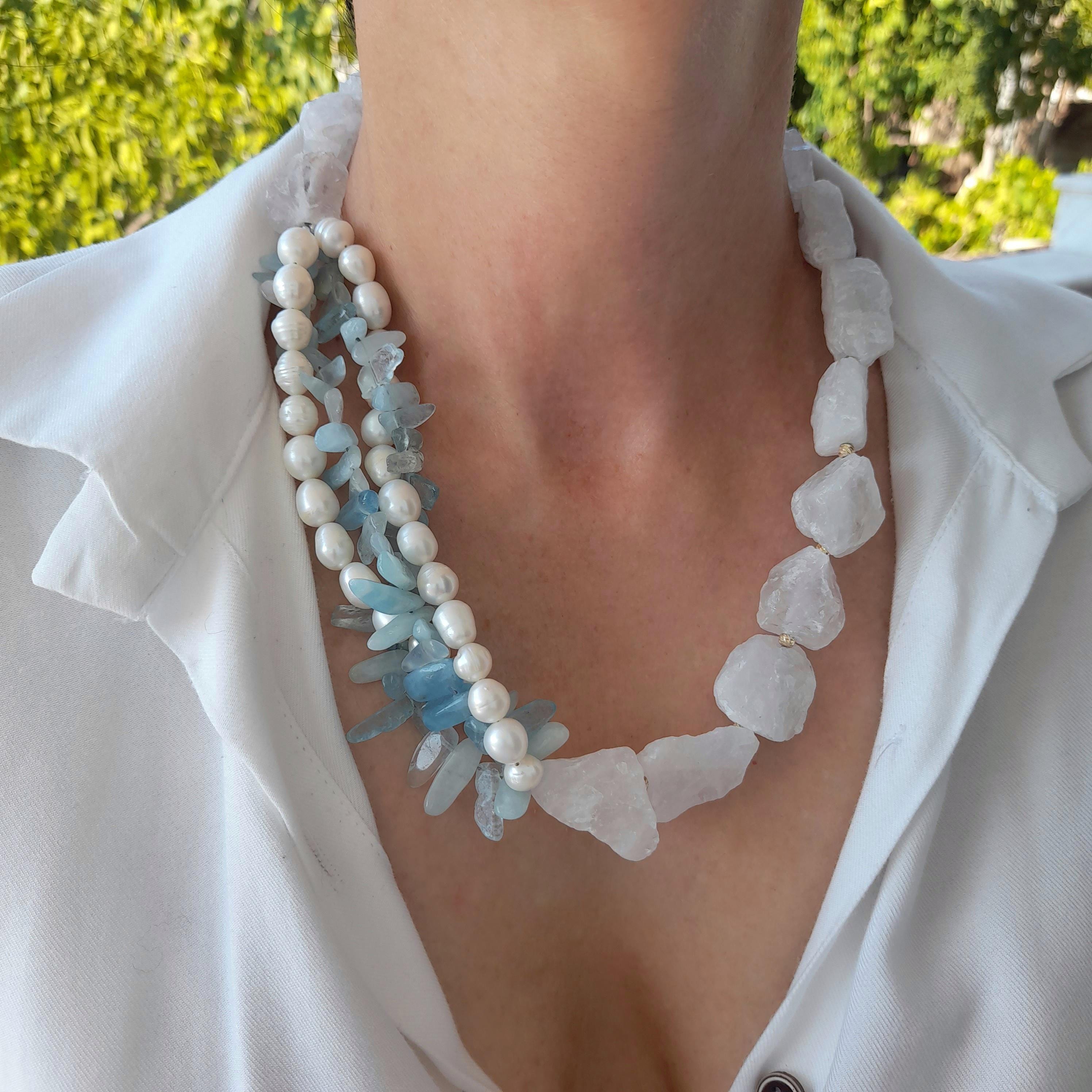 Raw quartz aquamarine pearl large necklace Handmade jewelry Chunky statement unusual necklace Big raw gemstone beaded necklace women gift