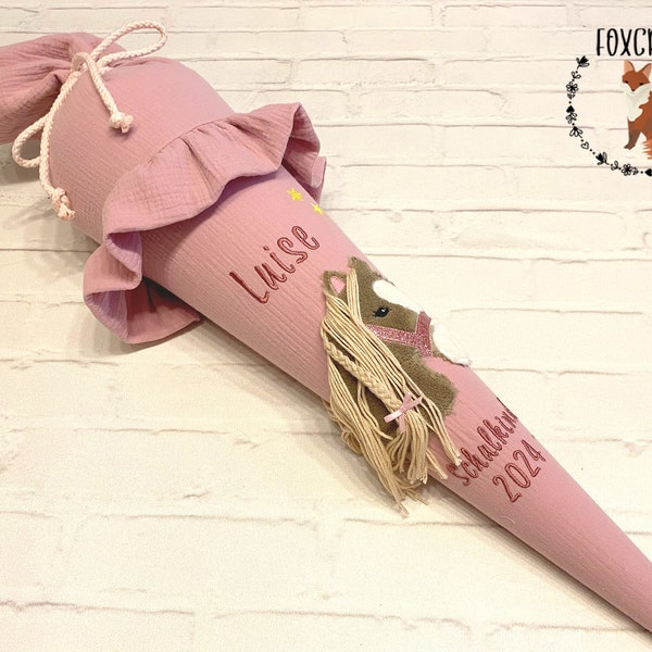 Schultüte Zuckertüte Musselin Pferd mit Mähne , optional Name und Datum - 70 cm