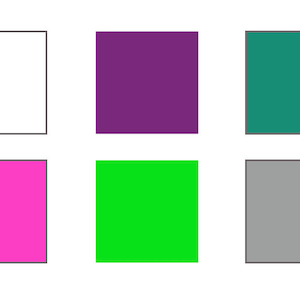 May include: A collection of ten color swatches, each a different color. The colors are black, white, purple, teal, yellow, blue, pink, green, gray, and silver.