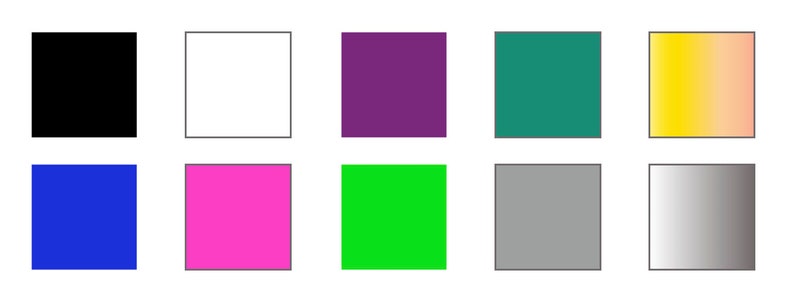 May include: A collection of ten color swatches, each a different color. The colors are black, white, purple, teal, yellow, blue, pink, green, gray, and silver.