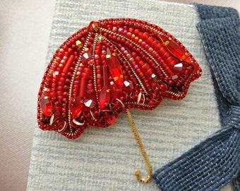 Red Umbrella Brooch. Beadwork and crystals. Cute Parasol Badge Pin.