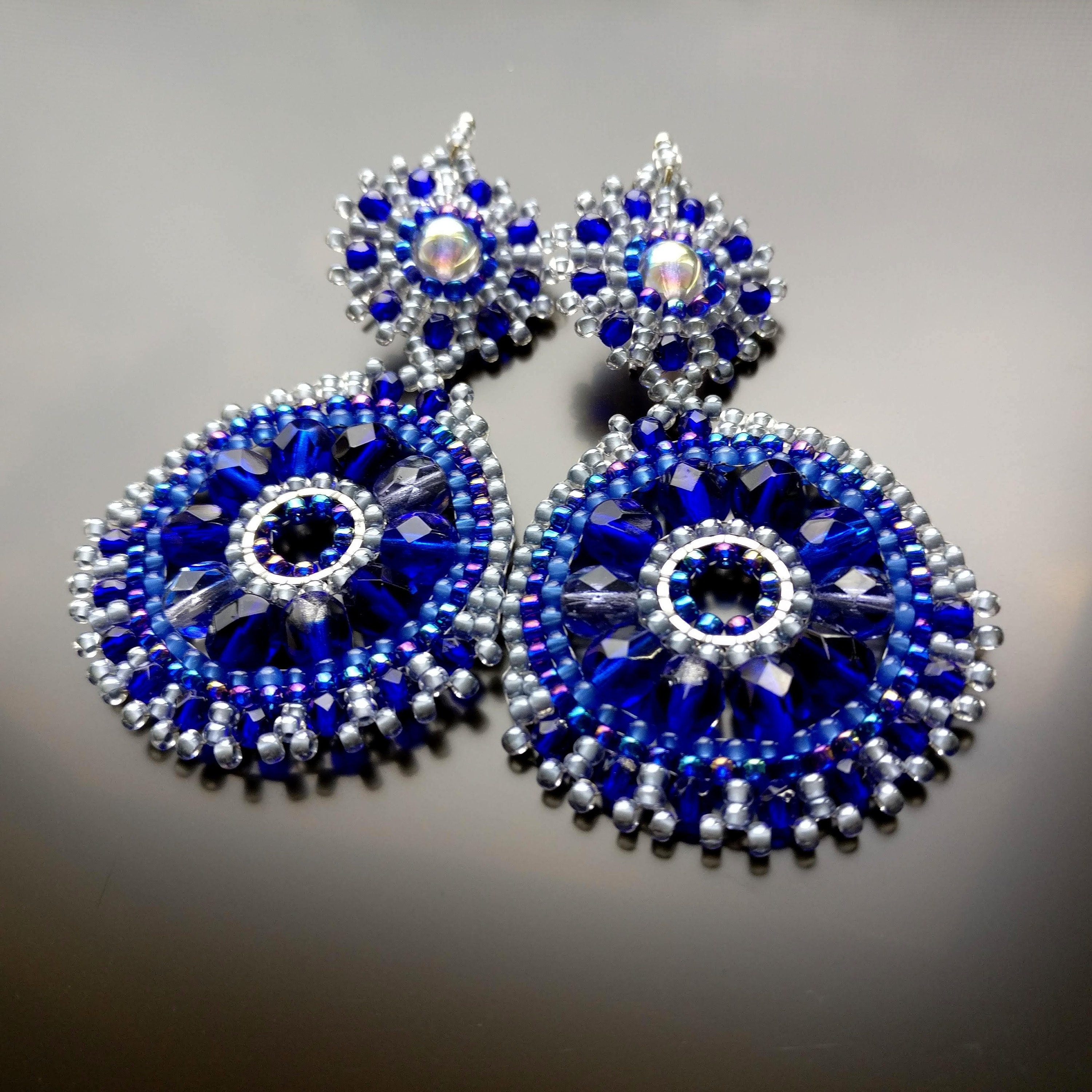 Handmade blue crystal two-tiered  medallion earrings
