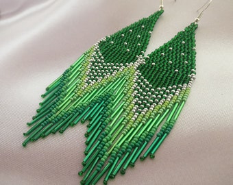 Emerald Long Fringe Earrings Statement Green Tassel Earrings