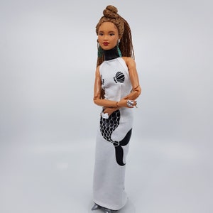 Robe sirène tissu blanc / noir pour poupée de mode de 12 pouces FashionRoyalty Poppy Parker Barbie Ou poupée avec corps similaire