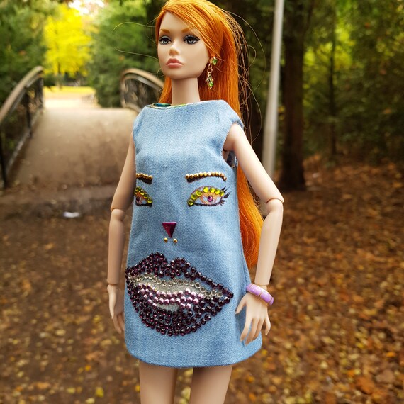 denim dress barbie 1997 Style Collection Barbie: Blue Jean Heart Dress, Red Earrings