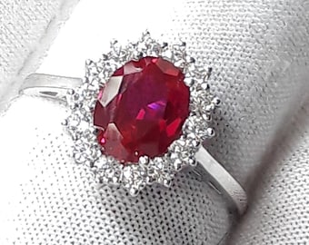 Lab Ruby Ring: Oval Halo, 925 Sterling Silver, Zircon Accents