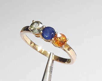 Natürliche Saphir-Ring, 14 Karat Gelbgold Ringkorange Saphir + blau Saphir + grün Saphir-Ring, Multi Saphir-Ring, Verlobungsring