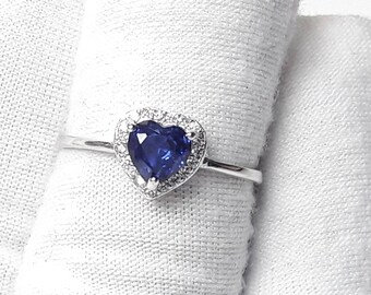Heart Sapphire Ring: 925 Sterling Silver, Zircon Side Stone