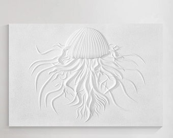 3D Woodcut Jellyfish Wall Art, Pure White Texture Wood Painting On Canvas, Minimalist Wall Art Decor, Modern Home Extra Large White Wall Art