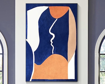 Bleu foncé Blanc SandyBrown Figure abstraite Peinture originale sur toile, Extra Large Énorme Mur Vertical Art Encadré Décoration intérieure minimaliste