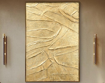 Thick Textured Gold Painting, Contemporary Abstract Wall Art, Elegant Metallic Canvas for Living Room, Bedroom, Office, Hotel