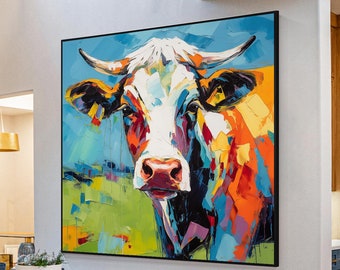 Bunte strukturierte Kuh Malerei, Original Ölgemälde auf Leinwand, extra große quadratische Tier Wand Kunst eingerahmt Bauernhaus Rinder Pop Art Geschenk