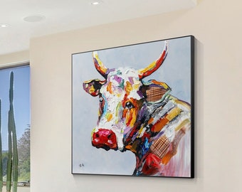 Textured Cow Painting: Extra Large Framed Farmhouse Wall Art