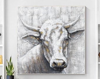 Black White Cow Texture Wall Art, Original Painting On Canvas, Extra Large Square Wall Art Framed, Farmhouse Cattle Cow Wall Art Decor
