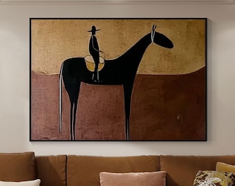 Handmade Horse Silhouette Painting, Abstract Rider Artwork, Rustic Neutral Wall Decor, Modern Western Canvas Art