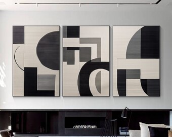 Conjunto de pinturas geométricas abstractas en negro y gris: arte moderno para pared en lienzo