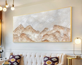 Abstract Mountain Landscape Painting: Brown Gray Texture, Large Canvas Wall Art