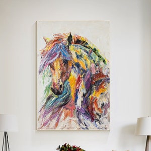 Buntes Pferd Malerei Textur Palette Messer Kunst Pferd Abstrakte Malerei Auf Leinwand, Vertikale Riesige Extra Große Pferd Wand Kunst Dekor