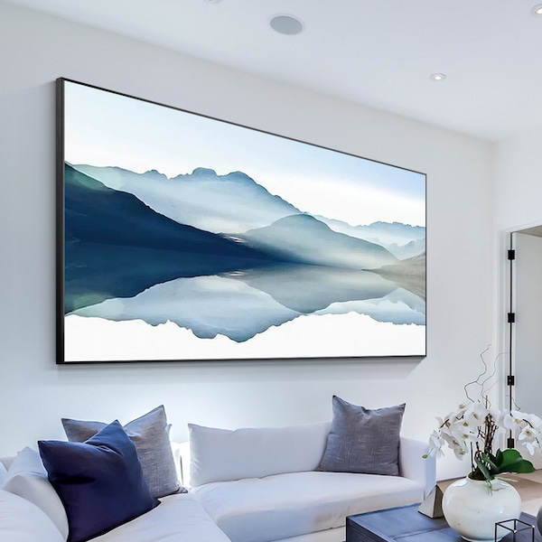 Blue Watercolor Mountain Landscape Original Painting On Canvas, Horizontal Mountain Wall Art Livingroom Extra Large Wall Art Decor