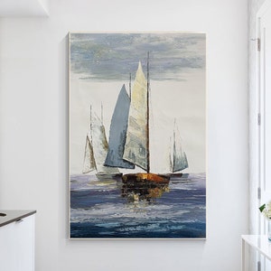 Seascape Sailing Original Painting on Canvas, Grey Blue Ocean Textured Palette Knife, livingroom bedroom extra large framed wall art decor