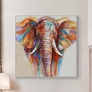 Elephant Painting Impressionist Elephant Extra Large Wall Art Square, Elephant Portrait Painting On Canvas Original, Elephant Home Decor