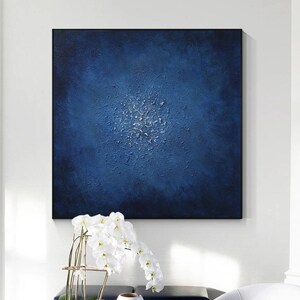 Navy Blue Abstract Textured Painting: Minimalist Framed Canvas Wall Art