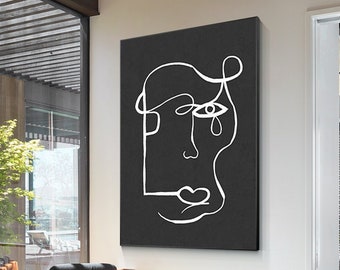 Abstract Face Picasso Line Art Painting – Minimalist Black & White Canvas, Modern Wall Decor, Contemporary Artwork for Living Room or Office