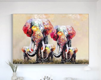 テクスチャ加工を施した象の家族の絵画：額入りキャンバスウォール