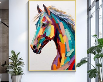 カラフルな馬の油絵：キャンバスに描かれたテクスチャーのあるポップ