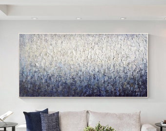 Navy Blue White Heavy Texture Abstract Painting On Canvas, Long Extra Large Horizontal Framed Wall Art, Abstract Painting Bedroom Wall Art