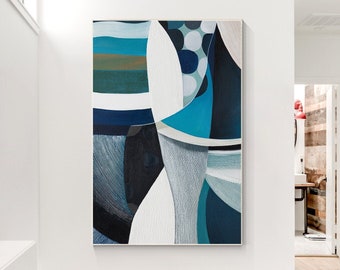 Teal Textured Geometric Painting: Vertical Abstract Canvas Art