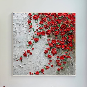 Red Wildflowers Painting 3D Textured Blooming Flower Wall Art Impressionist Painting Canvas Square Botanical Wall Art Large Wall Art Decor