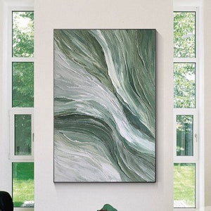 Sage Green Abstract Ocean Painting: Textured Coastal Wall Art