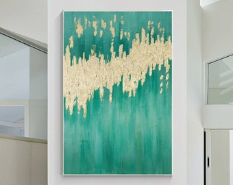 Blauwgroen goudfolieschilderij op canvas: grote moderne abstracte muurkunst