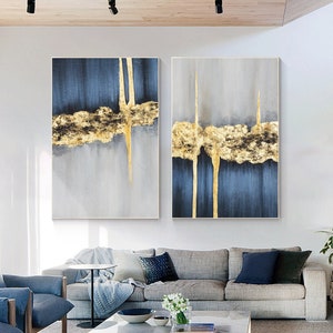 Navy Blue Gold Foil Original Painting 2 Pieces Painting on Canvas, Set of 2 pieces Luxury Gold Wall Art Home Decor, Abstract Blue Gold Art