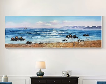 Original Sunrise Seascape Painting: Long Horizontal Canvas Wall Art